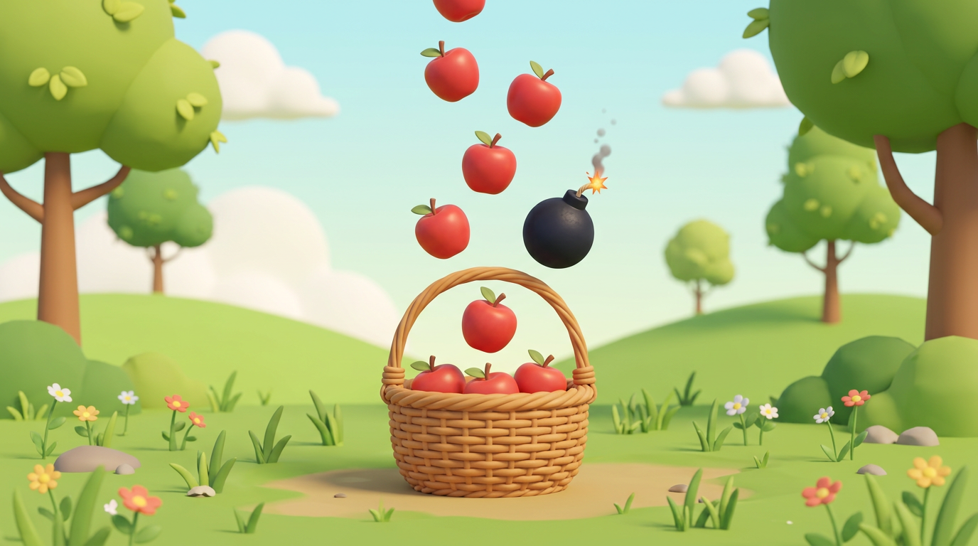 落ちてくるリンゴをバスケットでキャッチする様子（イメージ）