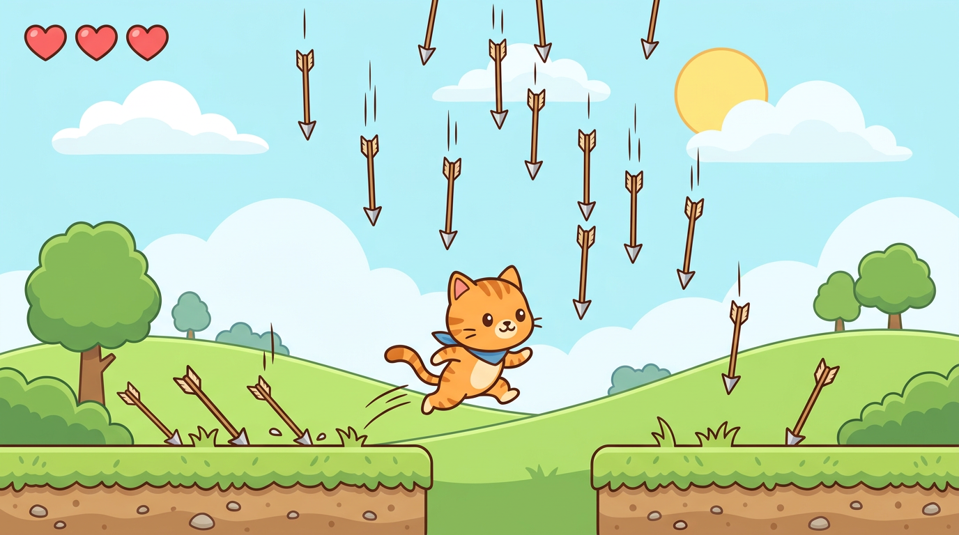 上から降る矢をよけながら猫を動かす様子（イメージ）