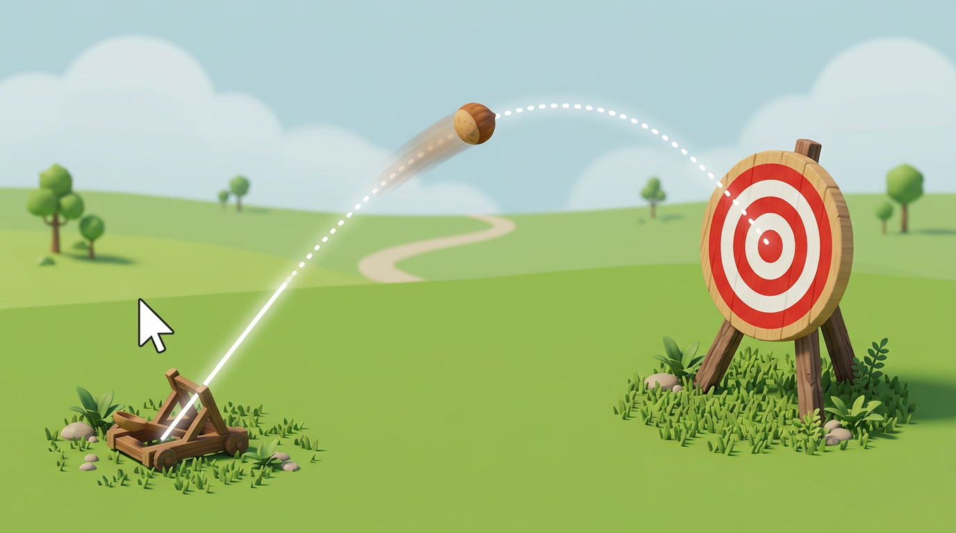 クリックした方向にいがぐりが飛び、的に当たる様子（イメージ）